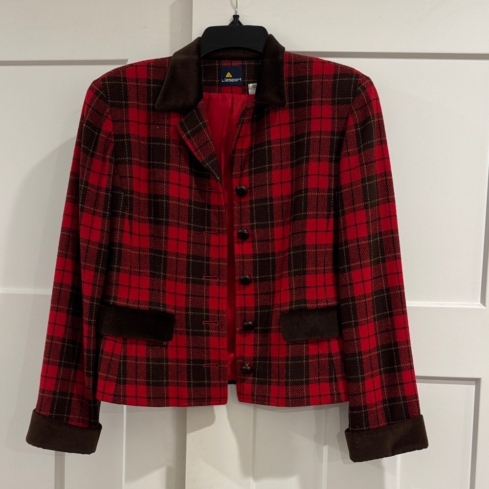Vintage Lizsport Plaid Wool Blazer, Red and Brown, Size 4